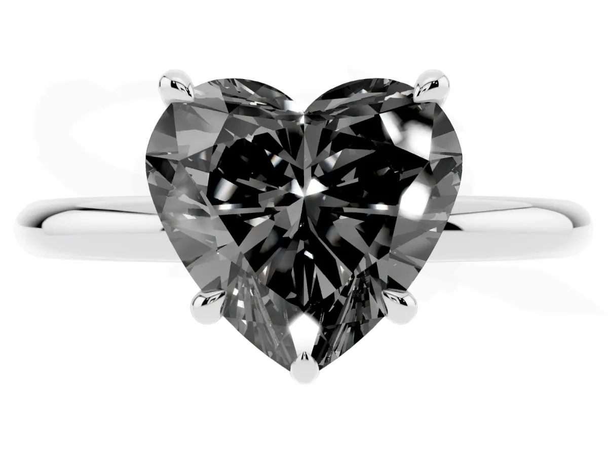 Fancy Black Heart Cut Diamond Solitaire Ring with Thin Band and Four-Prong Setting Platinum