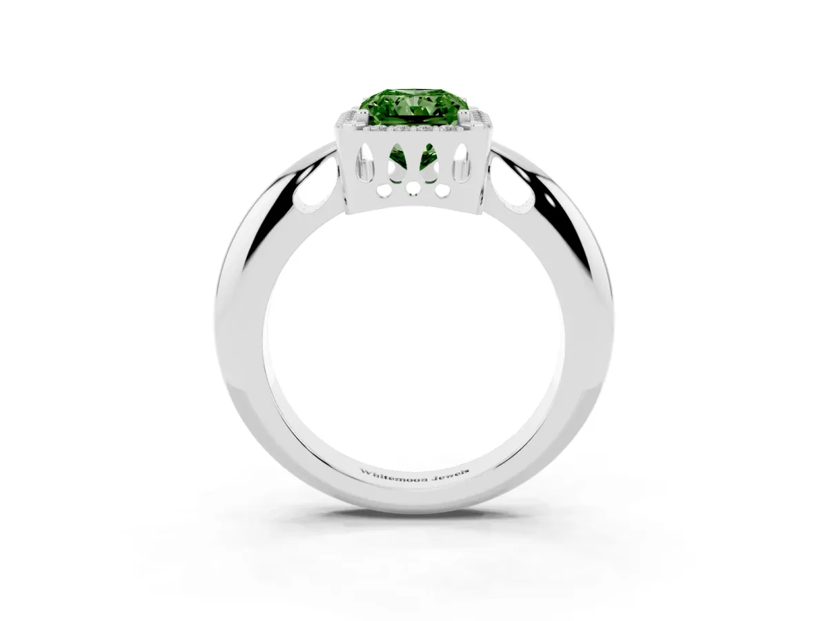 Fancy Green Radiant Cut Cut Diamond Halo Engagement Ring with Split Shank and Four-Prong Setting Silver
