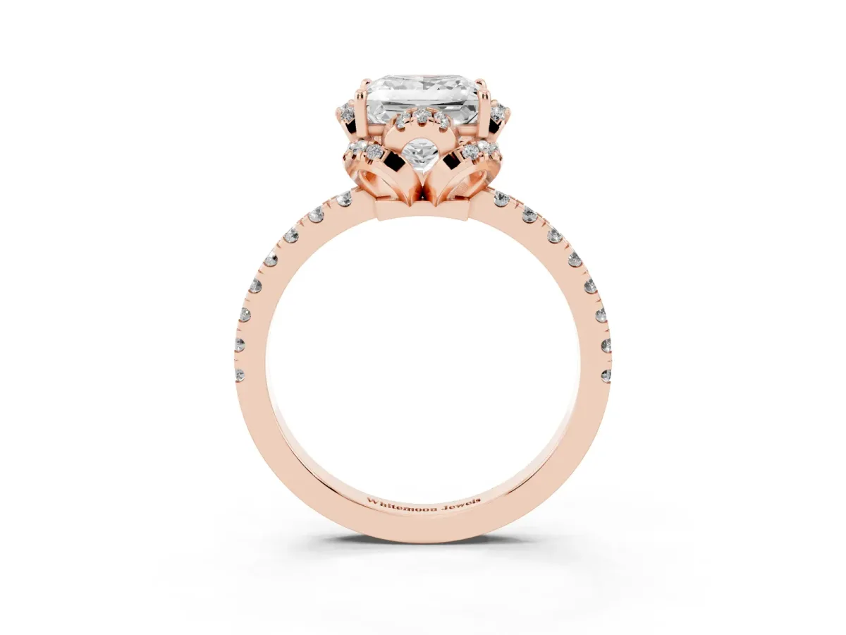 Princess Cut Diamond Halo Pave Band with Four-Prong Setting Rose gold