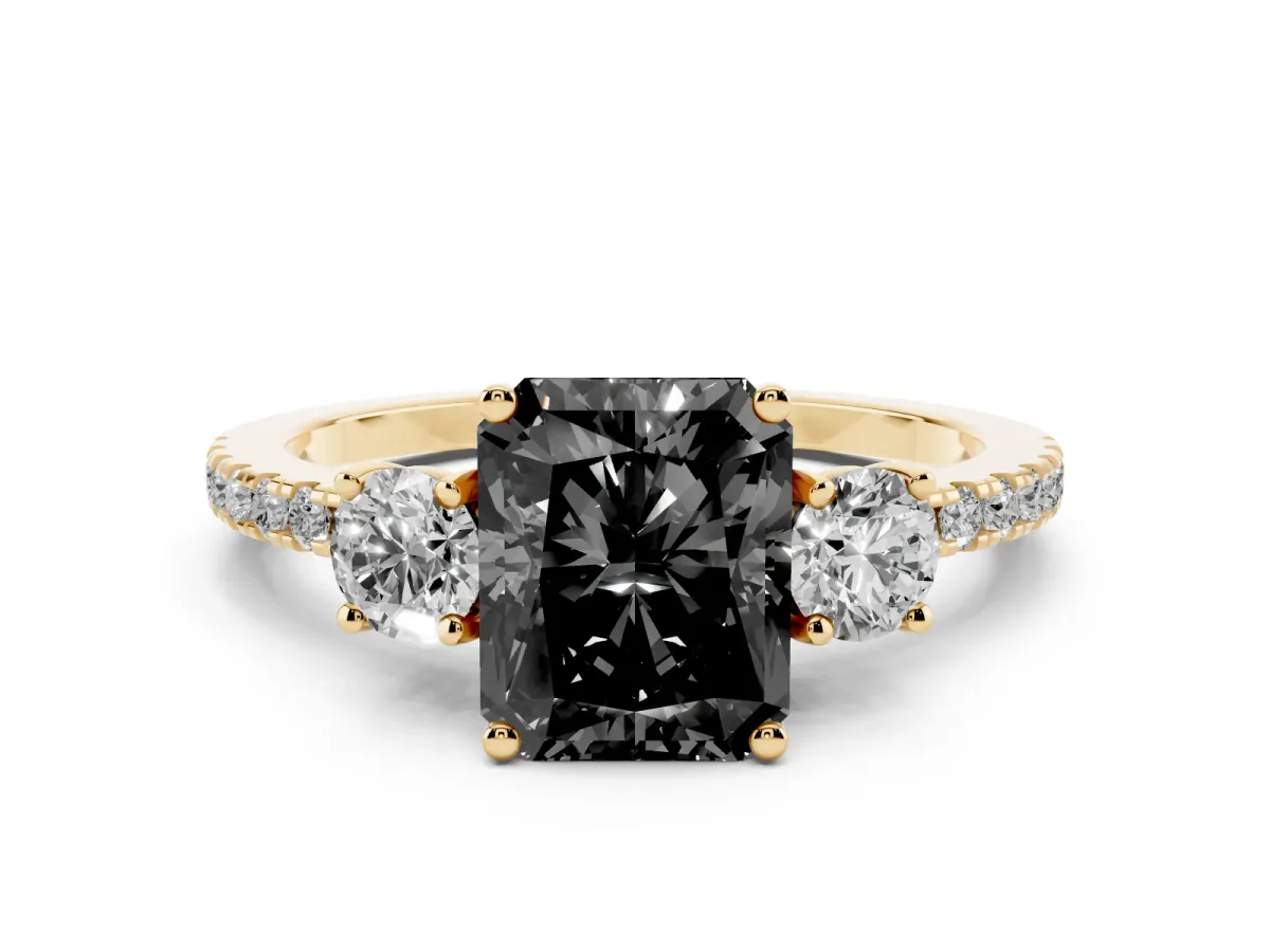 Fancy Black Three-Stone Radiant Cut Cut Diamond Pavé Band with Prong Setting Yellow gold