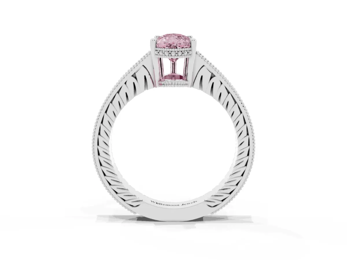 Fancy Pink Pear Cut Solitaire Pavé Diamond Milgrain Engagement Ring with Four-Prong Setting Silver