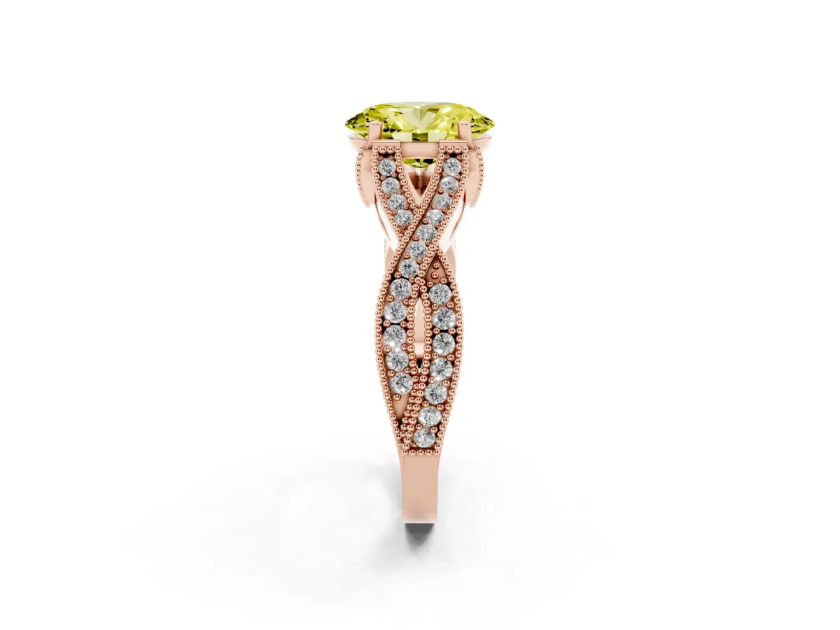 Fancy Yellow Oval Cut Cut Diamond Twisted Band with Milgrain Pave Setting and Four-Prong Setting Rose gold