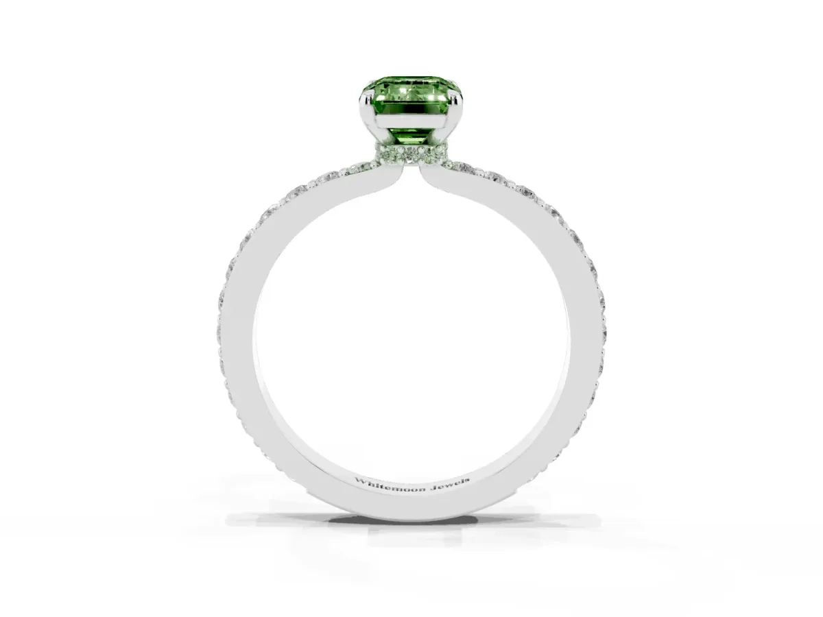 Fancy Green Emerald Cut Diamond Pavé Engagement Ring with Round Accents and Prong Setting White gold