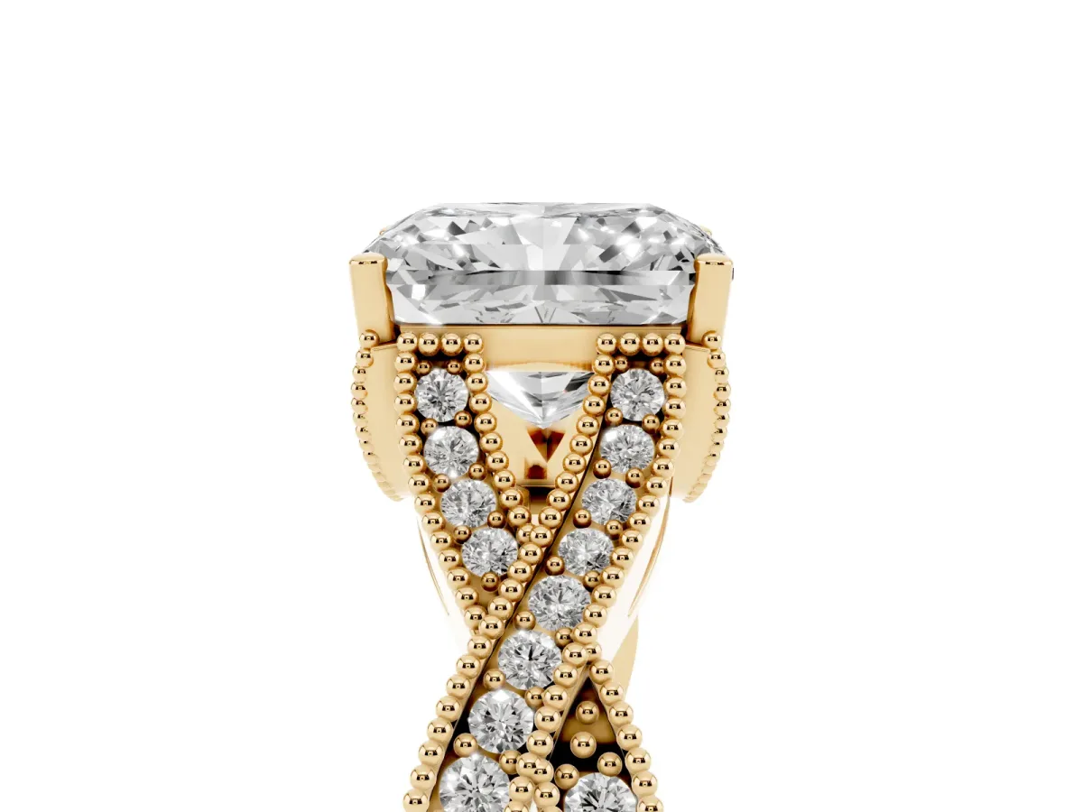 Radiant Cut Cut Diamond Twisted Band with Milgrain Pave Setting and Four-Prong Setting Yellow gold