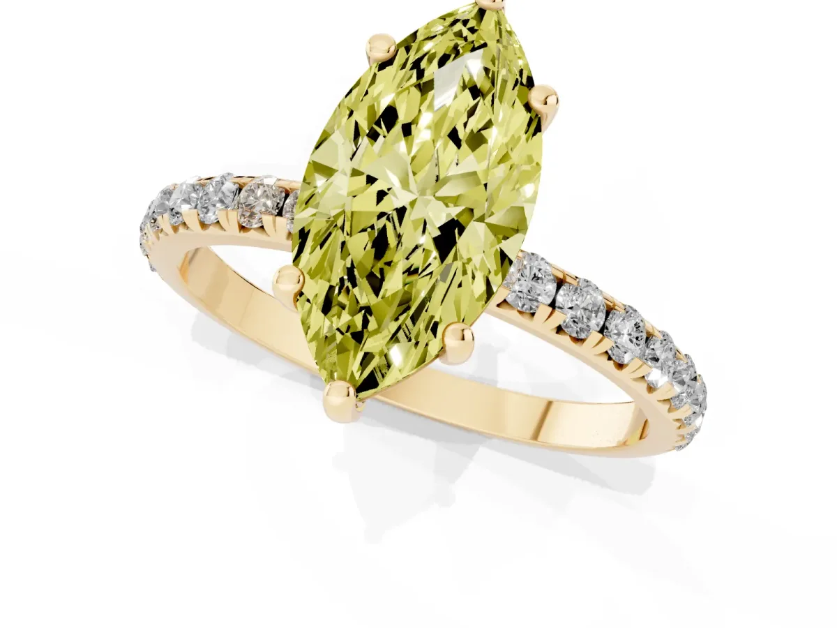 Fancy Yellow Marquise Cut Cut Diamond Solitaire Ring with Micro Pave Band and Four Prong Setting Yellow gold