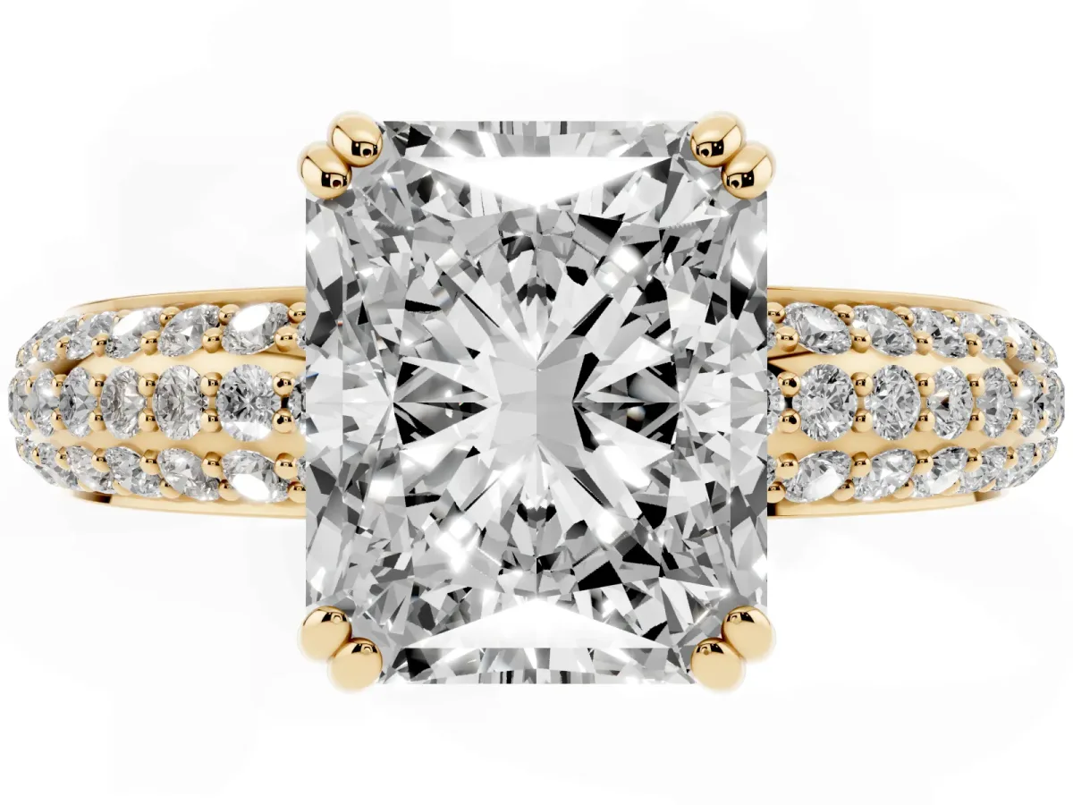 Radiant Cut Diamond Solitaire Ring with Multi-Row Round Pavé Band and Prong Setting Yellow gold