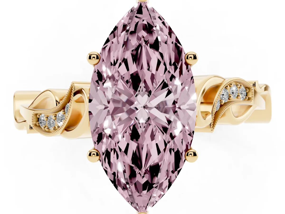 Fancy Pink Marquise Cut Solitaire Vine Band with Milgrain Prong Setting Yellow gold