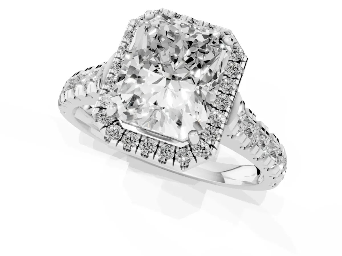 Radiant Cut Halo Pavé Diamond Engagement Ring with Four-Prong Setting Silver