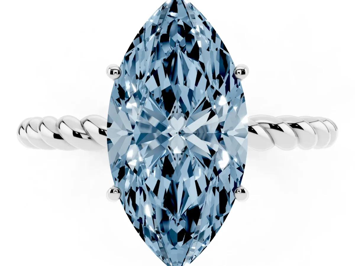 Fancy Blue Marquise Cut Solitaire Twist Band Ring with Four-Prong Setting Silver
