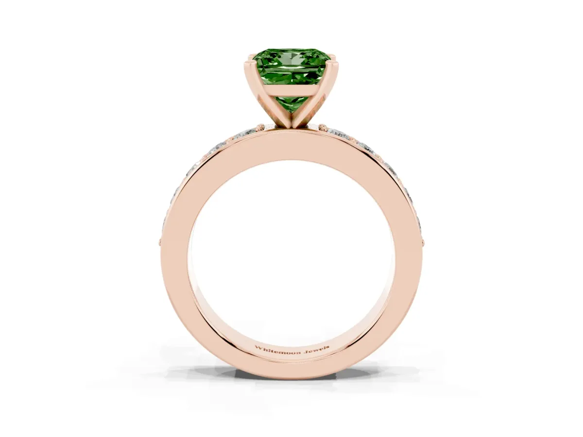 Fancy Green Princess Cut Diamond Engagement Ring with Channel Set Round Band and Prong Setting Rose gold