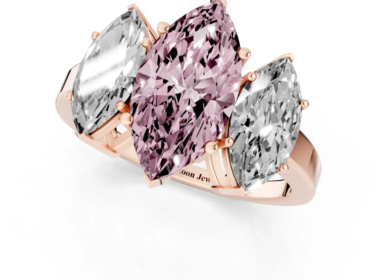 Fancy Pink Three-Stone Marquise Cut Cut Diamond Engagement Ring with Flat Band and Four-Prong Setting Rose gold