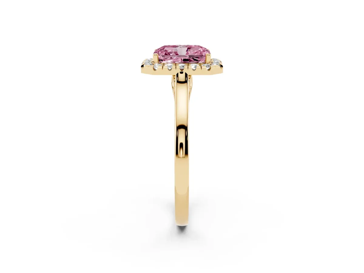 Fancy Pink Radiant Cut Halo Round Diamond Solitaire Ring with Pavé Band and Four-Prong Setting Yellow gold