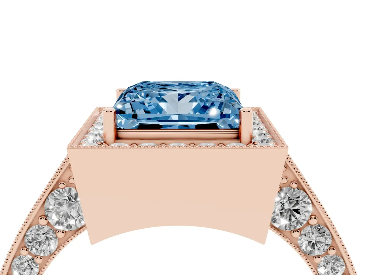 Fancy Blue Princess Cut Halo Diamond Engagement Ring with Split Shank Band and Four-Prong Setting Rose gold