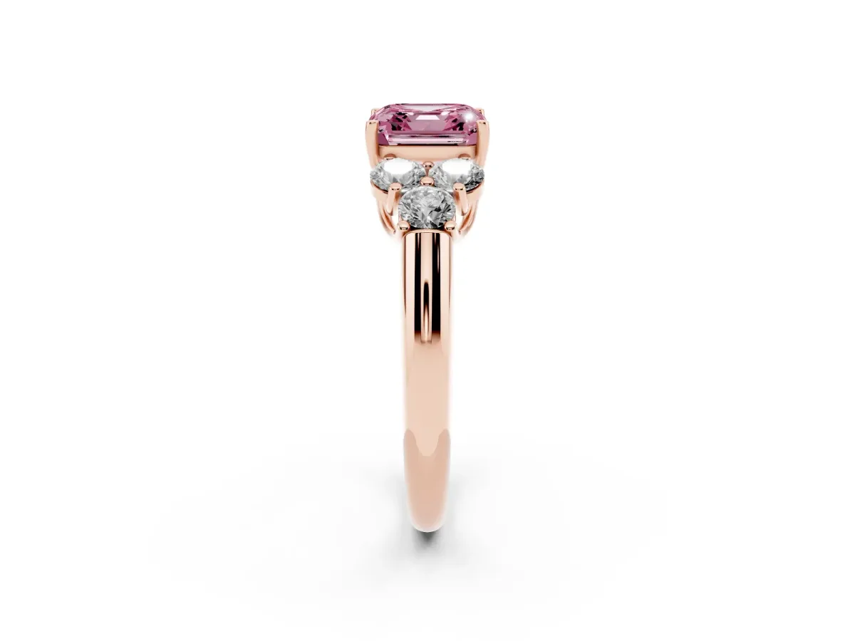 Fancy Pink Asscher Cut Cut Diamond Cluster Ring with Round Accent Stones and Prong Setting on a Classic Band Rose gold