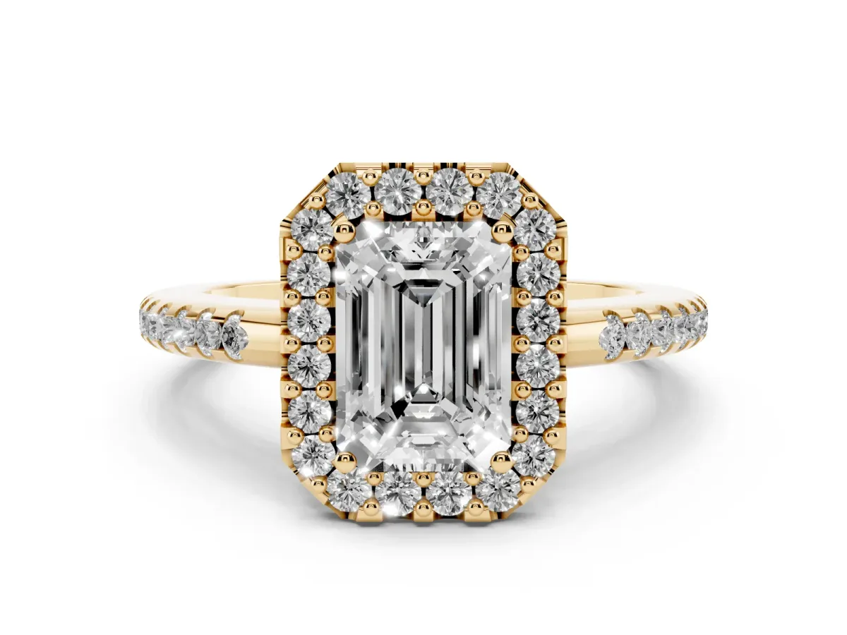Emerald Cut Diamond Pavé Halo Ring with Four-Prong Setting Yellow gold