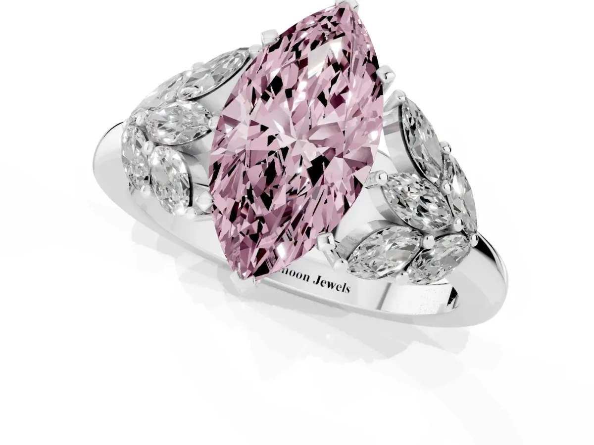 Fancy Pink Marquise Cut Diamond Cluster Leaf Design Ring with Prong Setting Silver