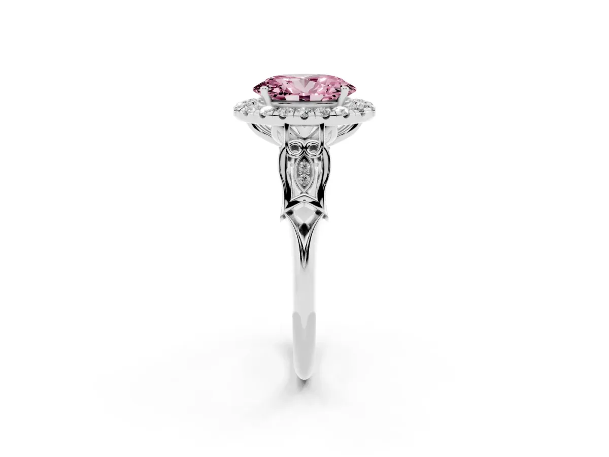Fancy Pink Oval Cut Halo Diamond Engagement Ring with Filigree Band and Four-Prong Setting White gold