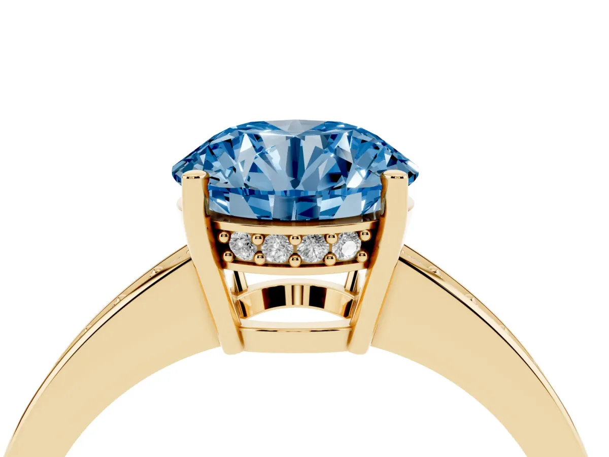 Fancy Blue Round Cut Solitaire Pavé Band Prong Setting Ring Yellow gold