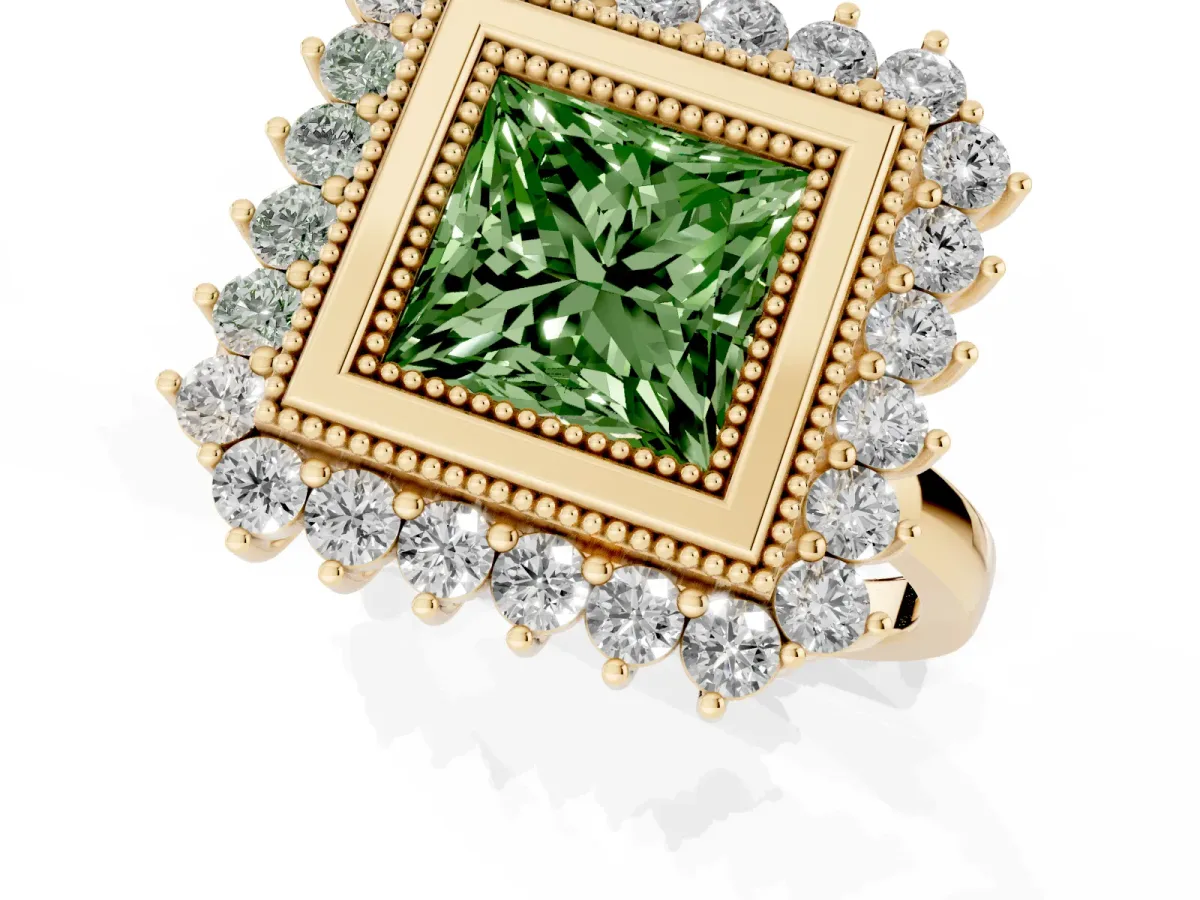 Fancy Green Princess Cut Halo Diamond Ring with Milgrain Edge and Round Prong Setting Yellow gold