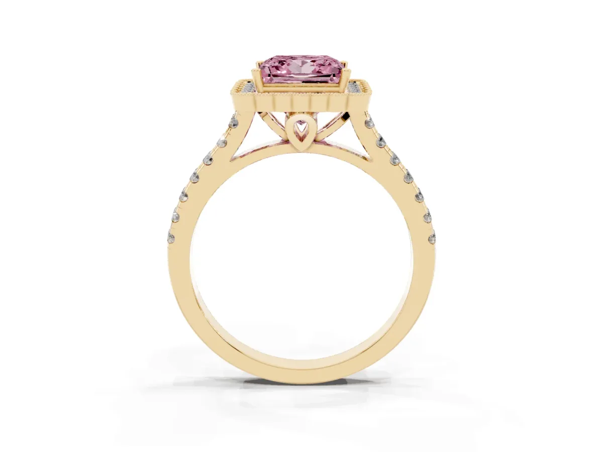 Fancy Pink Princess Cut Cut Diamond Milgrain Floral Halo Engagement Ring with Pavé Band Yellow gold