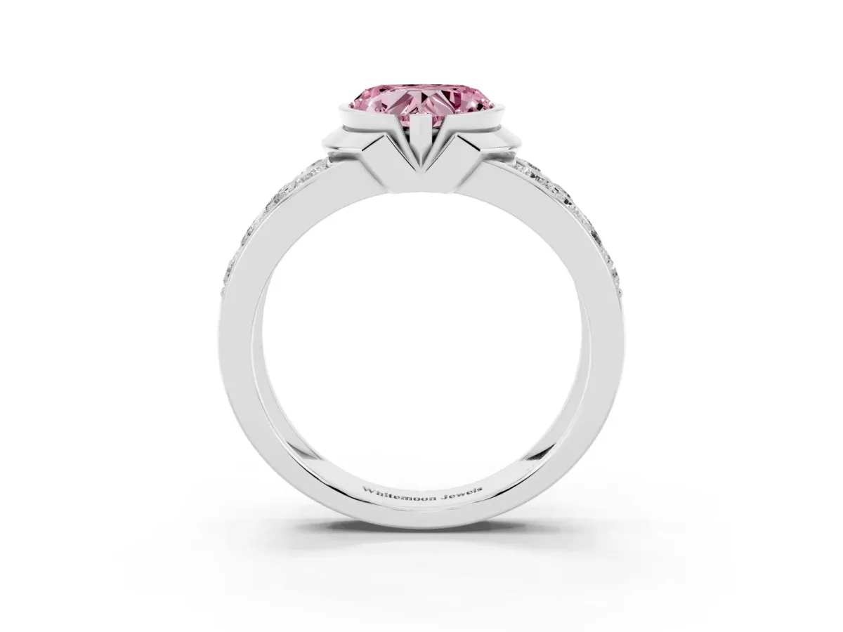 Fancy Pink Heart Cut Brilliant Diamond Channel Set Wide Band Ring with Bezel Setting Platinum