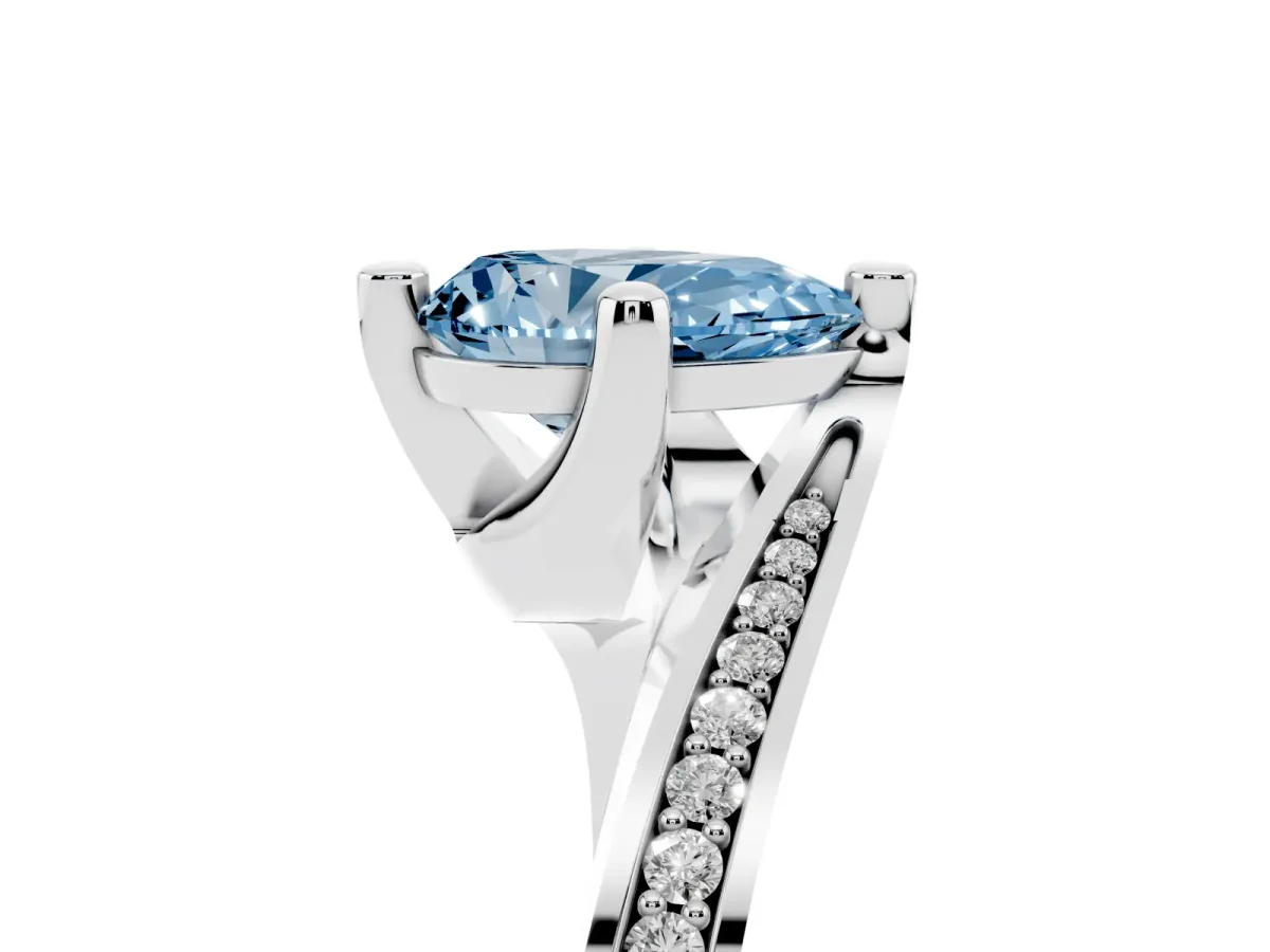 Fancy Blue Pear Cut Solitaire Diamond Twist Band with Pavé Setting and Four-Prong Setting Silver