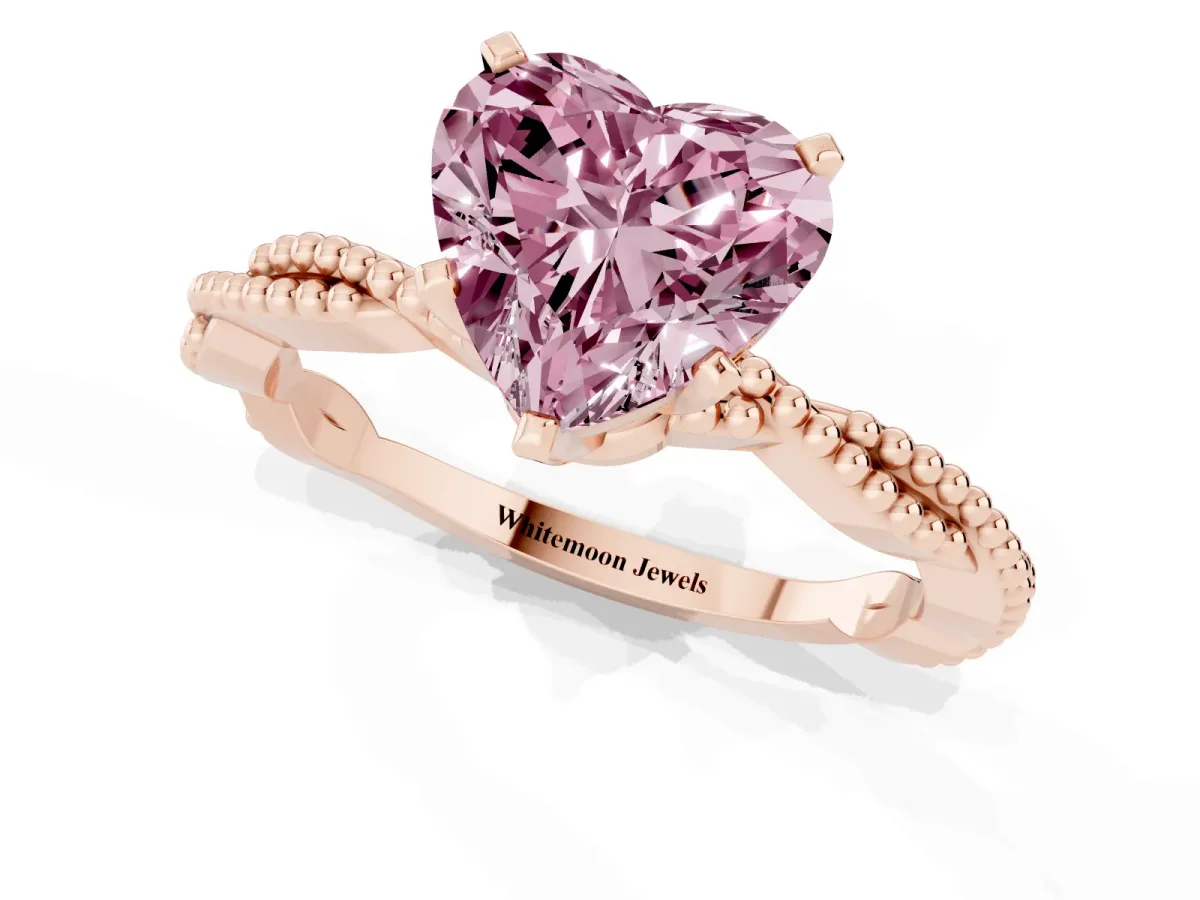 Fancy Pink Heart Cut Solitaire Twisted Band with Bead Prong Setting Rose gold