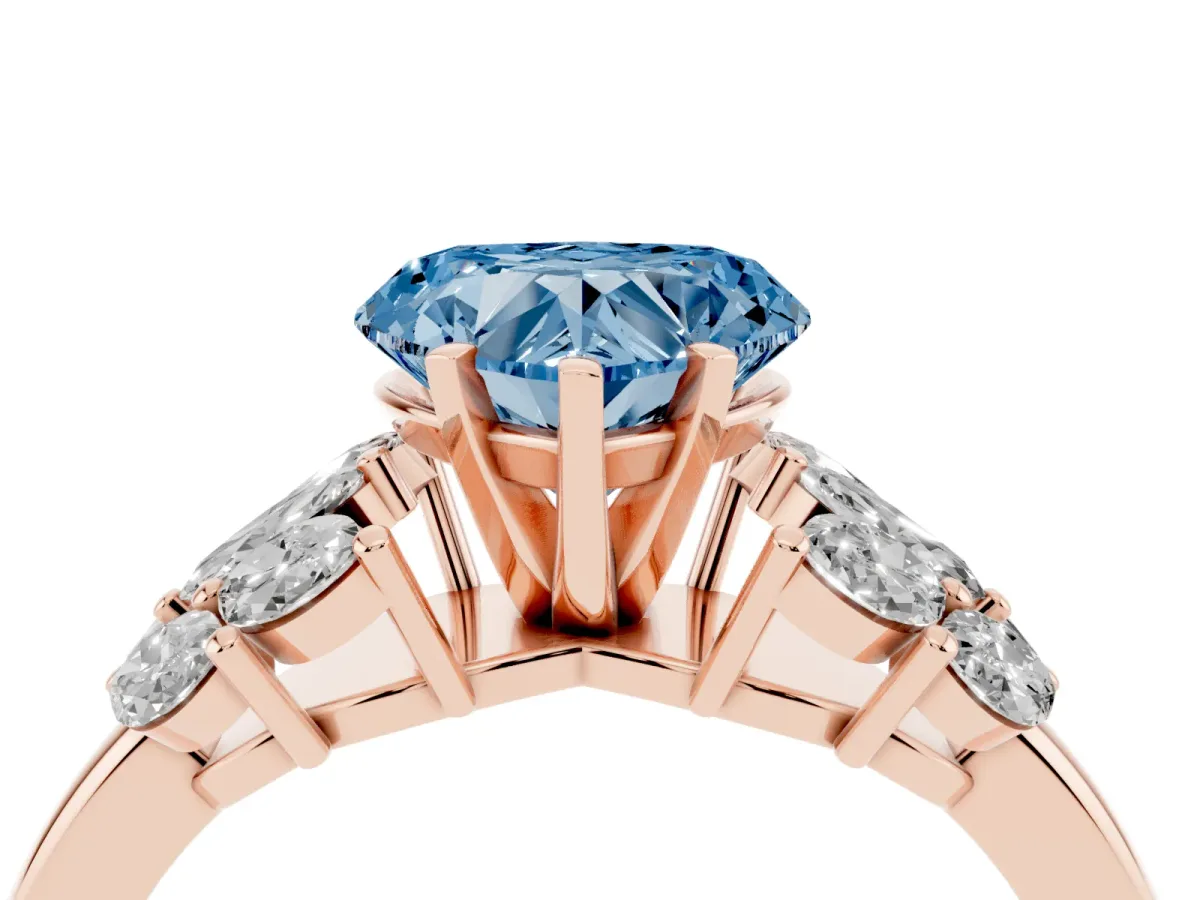 Fancy Blue Heart Cut Diamond Cluster Leaf Design Ring with Prong Setting Rose gold