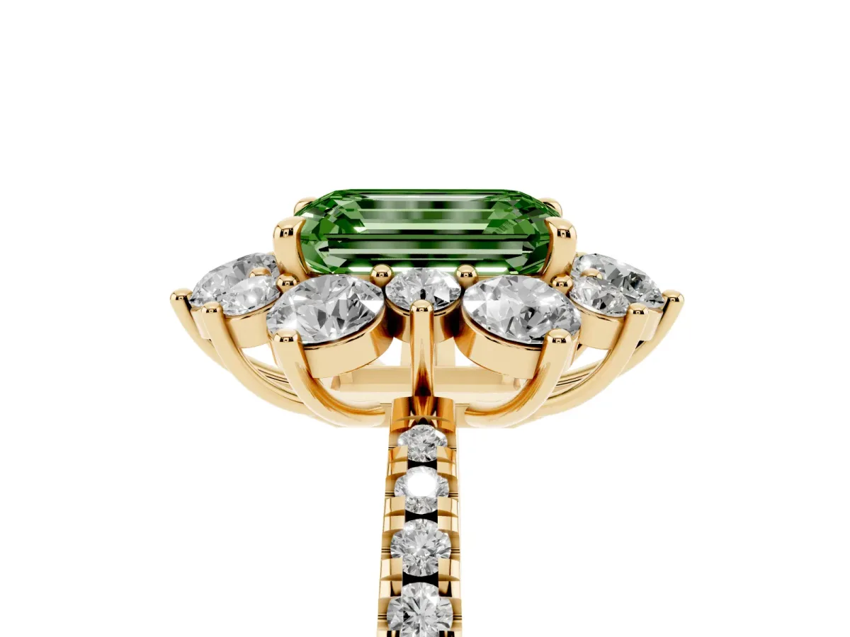 Fancy Green Emerald Cut Diamond Floral Halo Ring with Round Pavé Band and Prong Setting Yellow gold
