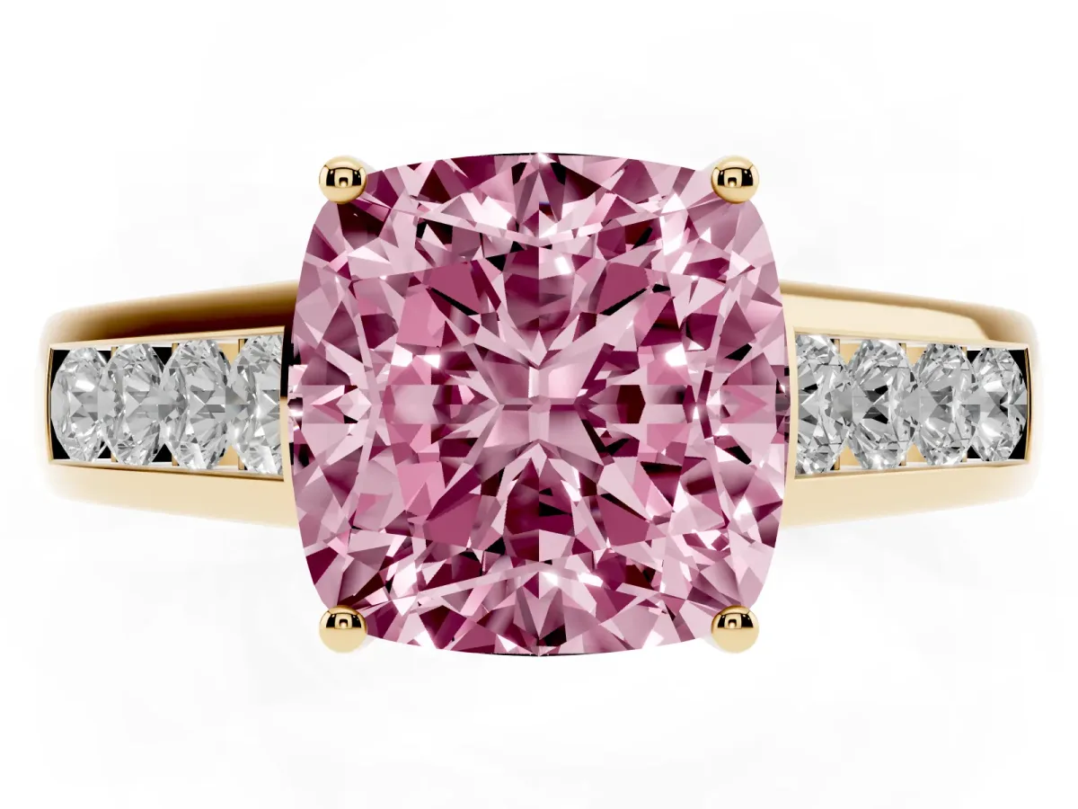 Fancy Pink Cushion Cut Solitaire Channel-Set Diamond Engagement Ring with Four-Prong Setting Yellow gold
