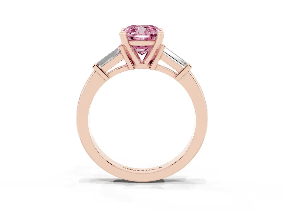 Fancy Pink Cushion Cut Cut Diamond Solitaire Ring with Tapered Baguette Accents and Four-Prong Setting Rose gold