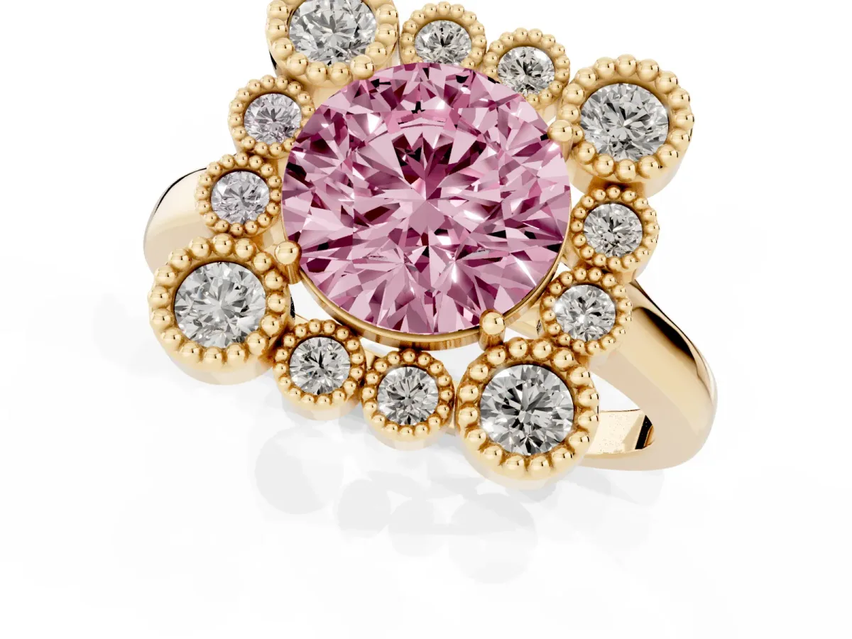 Fancy Pink Round Cut Halo Diamond Cluster Engagement Ring with Milgrain Bezel Setting and Solitaire Band Yellow gold