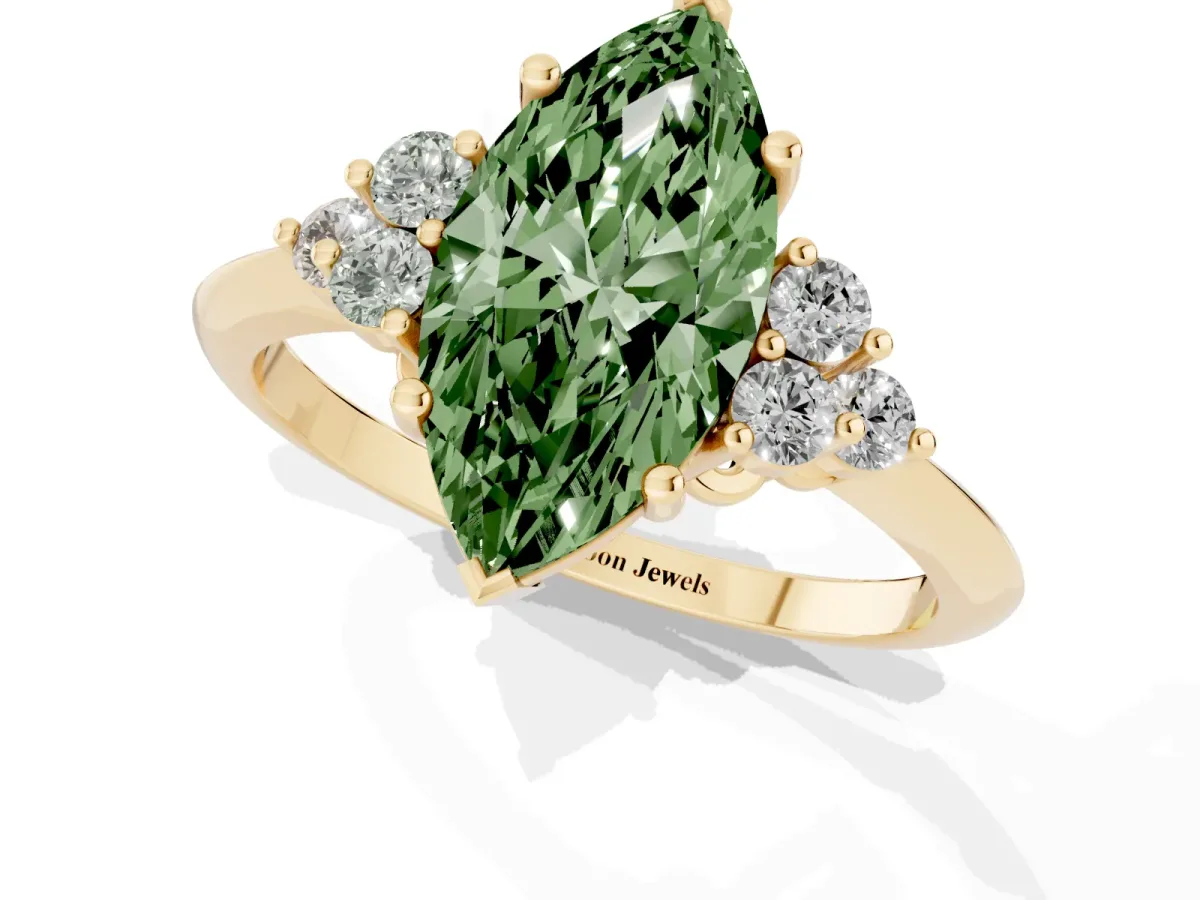Fancy Green Marquise Cut Cut Diamond Cluster Ring with Solitaire Band and Four-Prong Setting Yellow gold