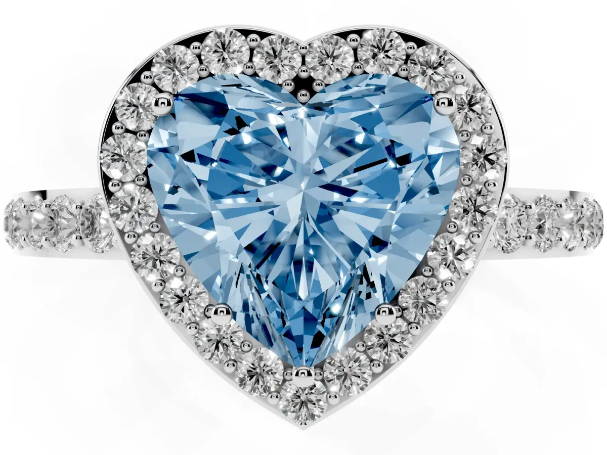 Fancy Blue Heart Cut Halo Diamond Pavé Band Ring with Prong Setting Silver
