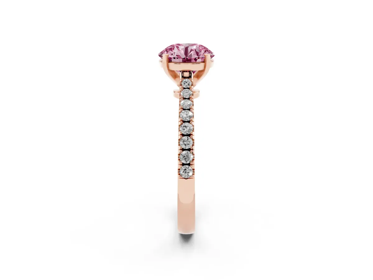 Fancy Pink Round Cut Cut Solitaire Diamond Engagement Ring with Pave Band and Four-Prong Setting Rose gold