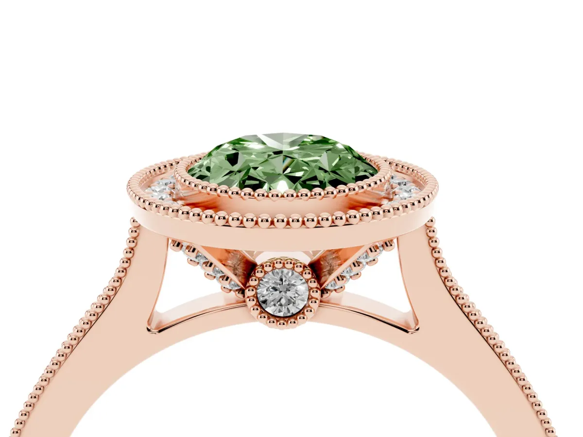Fancy Green Halo Oval Cut-Cut Diamond Pave Band Milgrain Prong Setting Ring Rose gold
