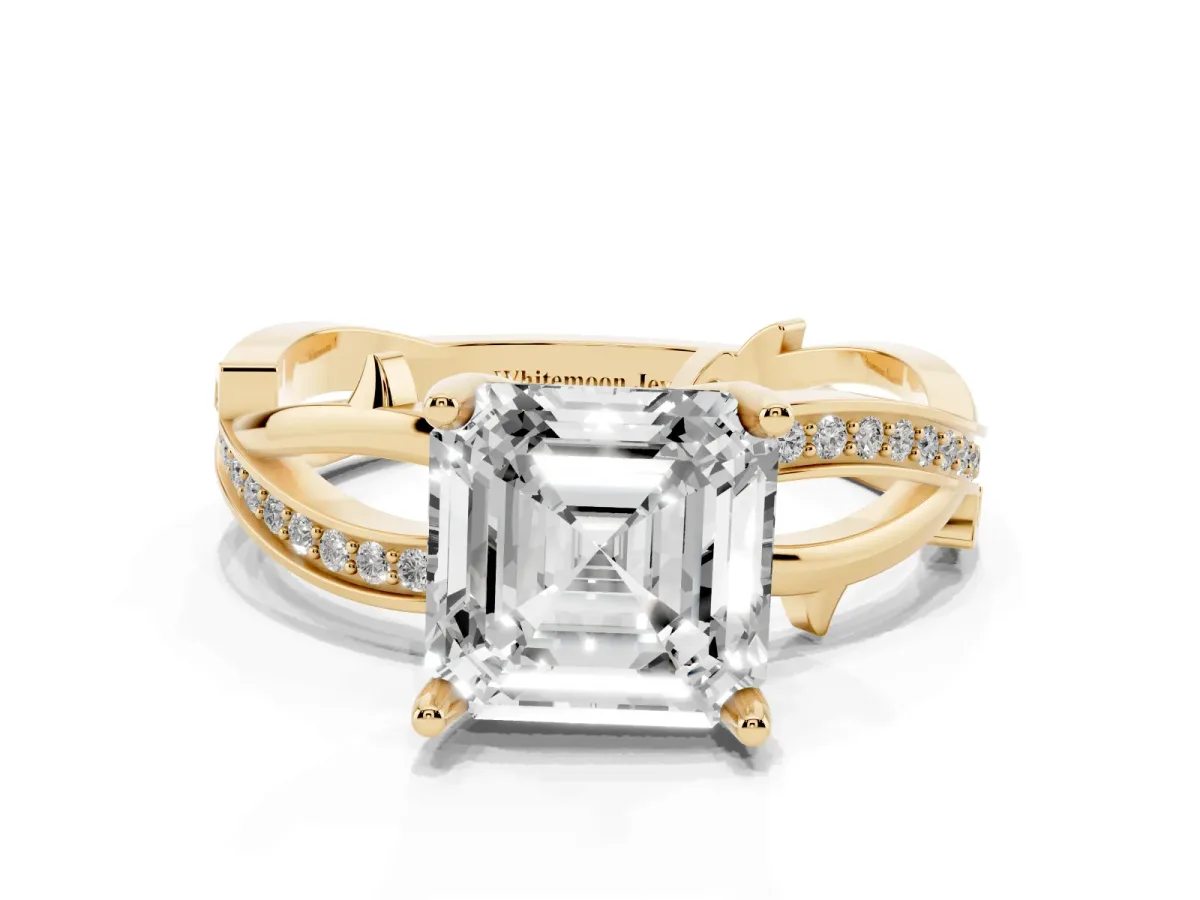 Asscher Cut Solitaire Twist Band with Pavé Accents and Four-Prong Setting Yellow gold