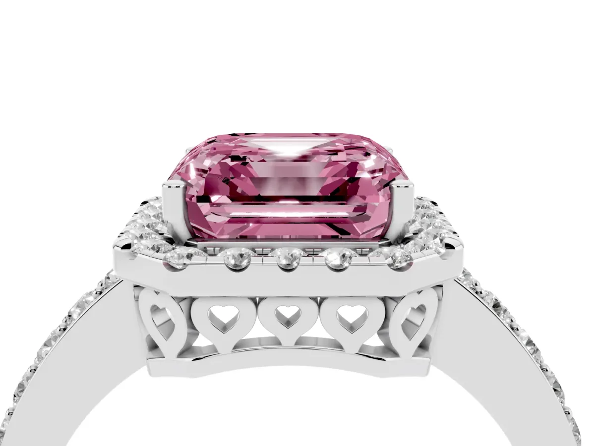 Fancy Pink Asscher Cut Halo Diamond Pavé Band Ring with Prong Setting Silver