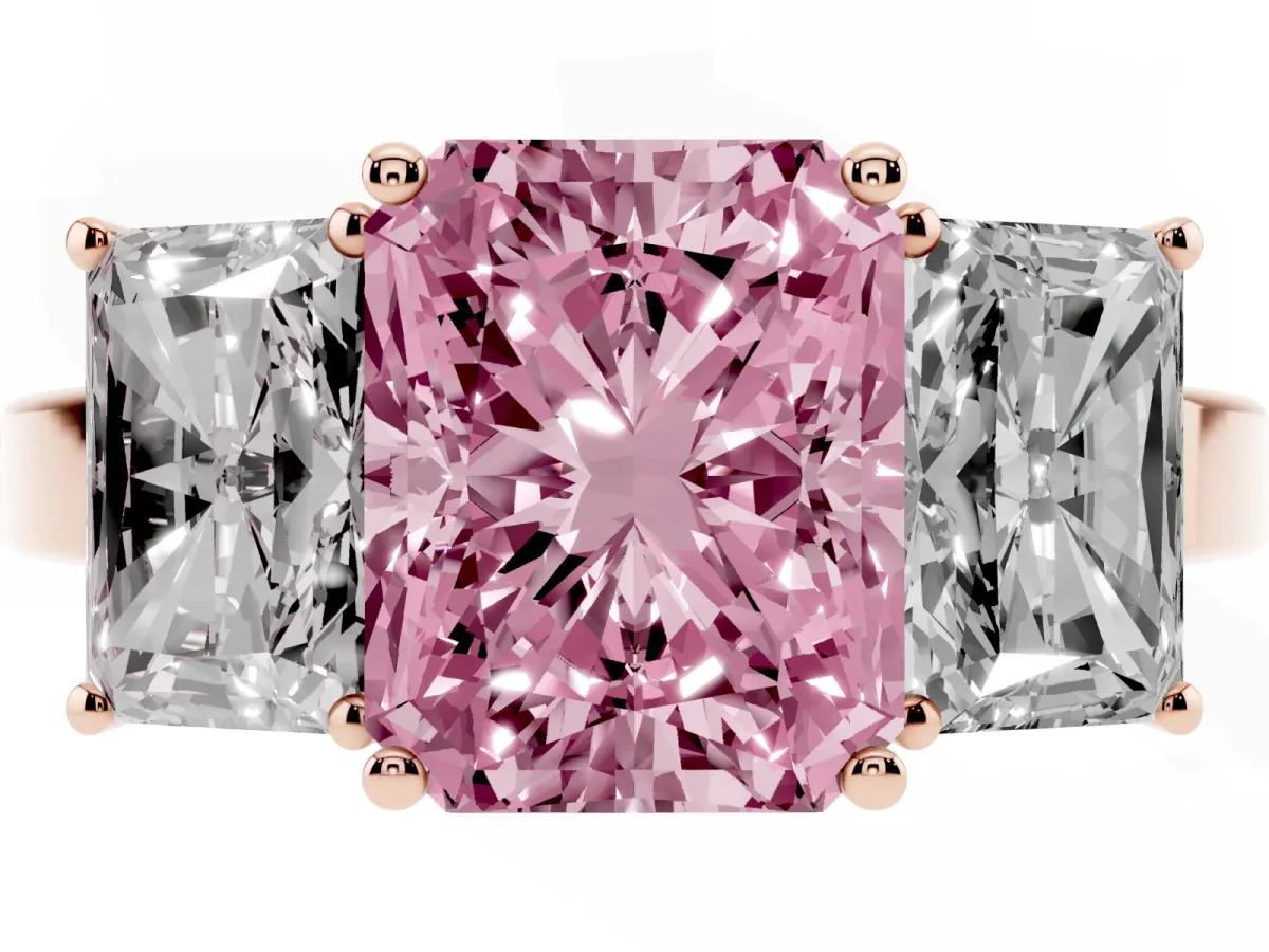 Fancy Pink Three-Stone Radiant Cut Cut Diamond Engagement Ring with Flat Band and Four-Prong Setting Rose gold