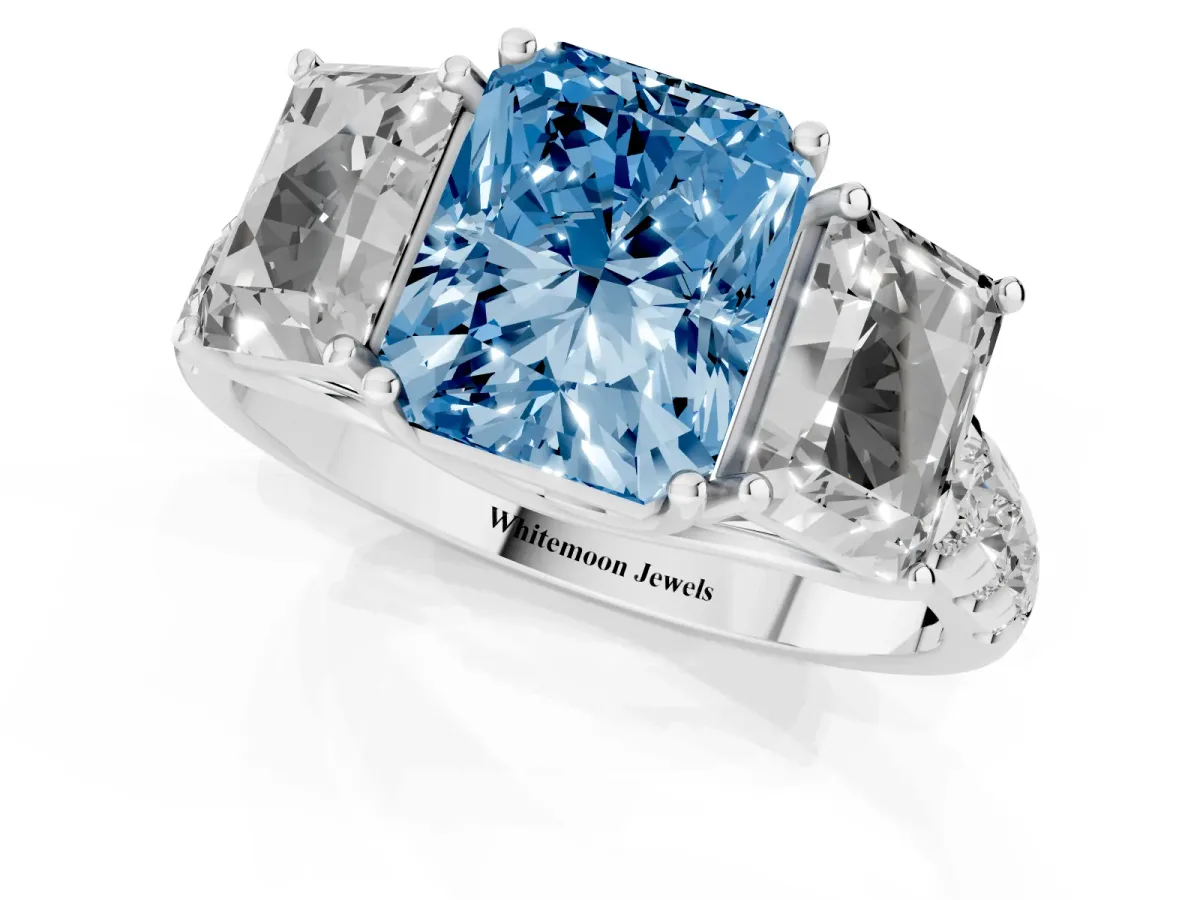 Fancy Blue Three-Stone Radiant Cut Diamond Pavé Band with Prong Setting Silver