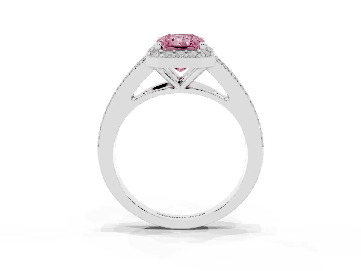 Fancy Pink Radiant Cut Halo Split Shank Pave Diamond Ring with Four-Prong Setting Silver
