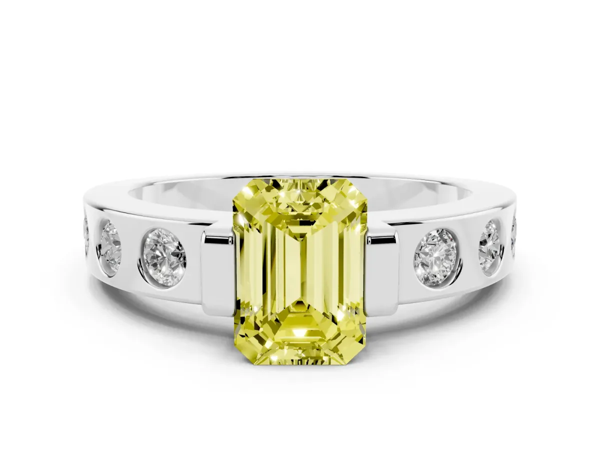 Fancy Yellow Emerald Cut Brilliant Channel-Set Diamond Ring with Bezel Prong Setting Platinum
