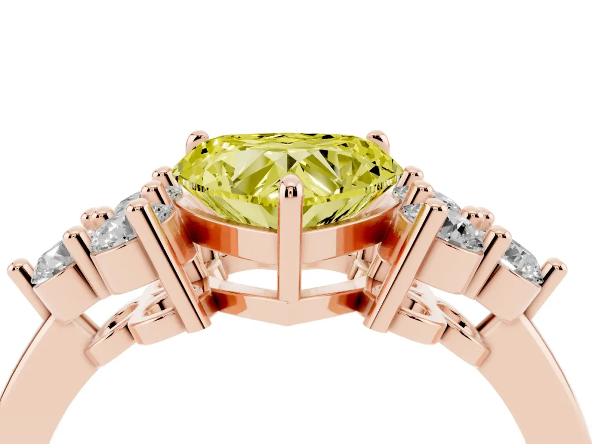 Fancy Yellow Heart Cut Brilliant Diamond Cluster Accent Solitaire Ring with Prong Setting Rose gold