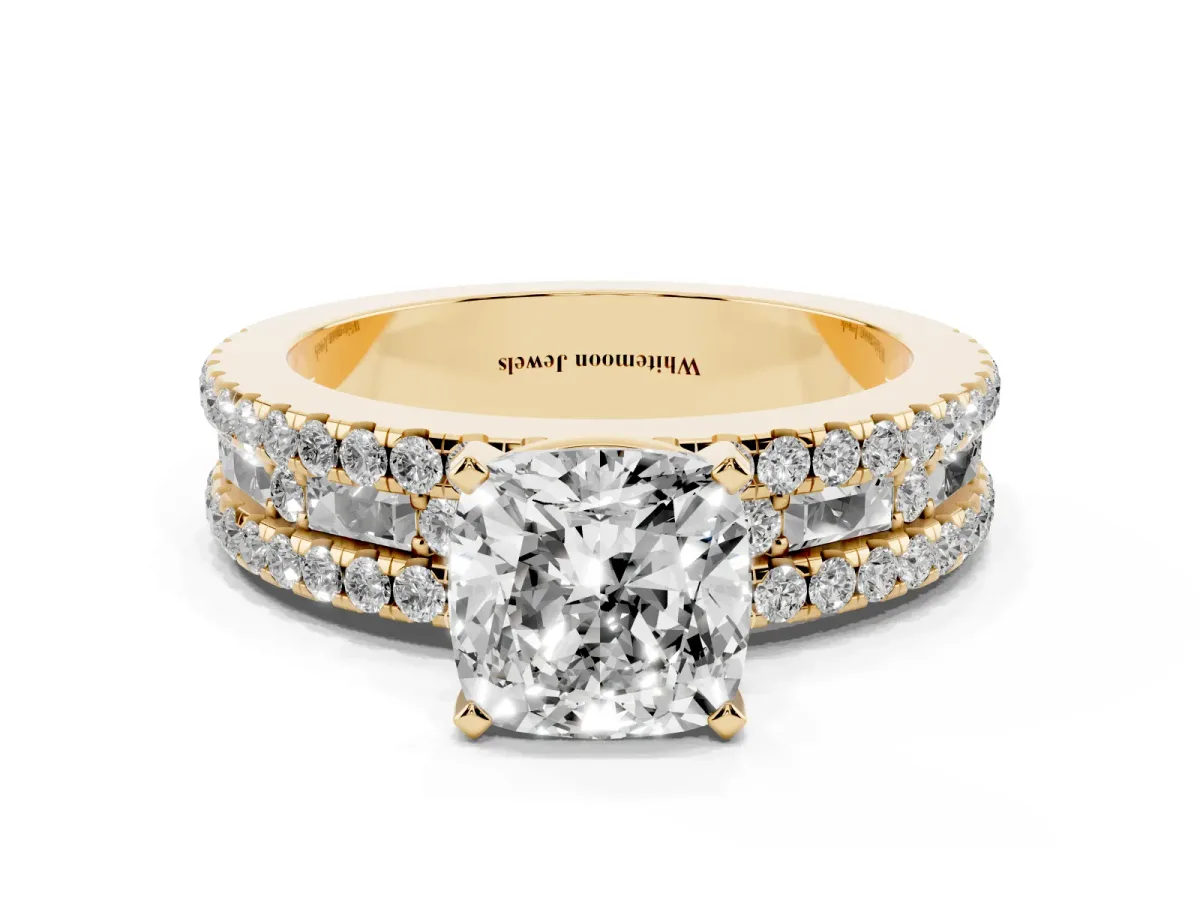 Cushion Cut Diamond Solitaire Ring with Pavé and Channel Set Band Yellow gold