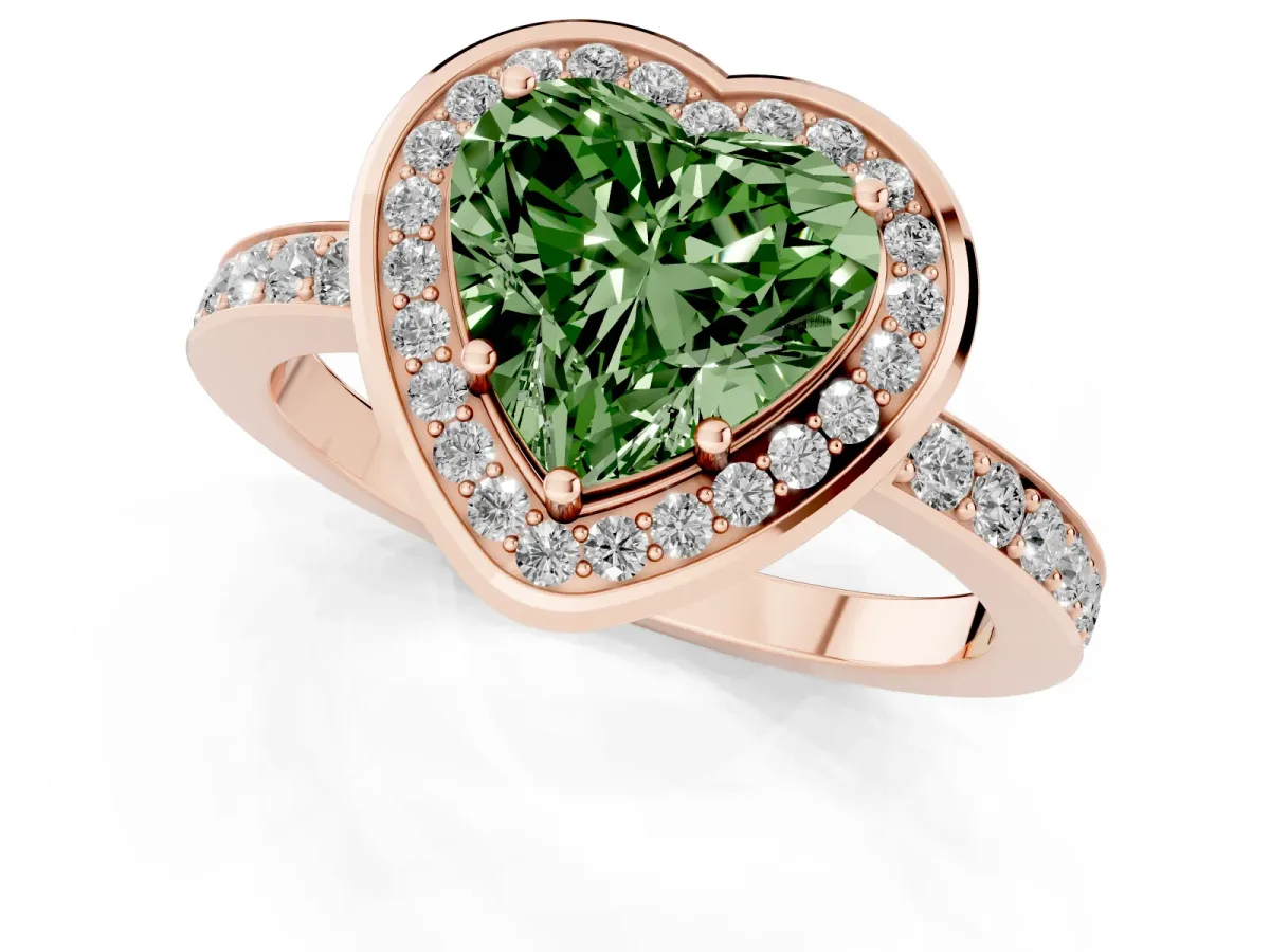 Fancy Green Heart Cut Diamond Halo Ring with Bezel Frame and Pavé Band Rose gold