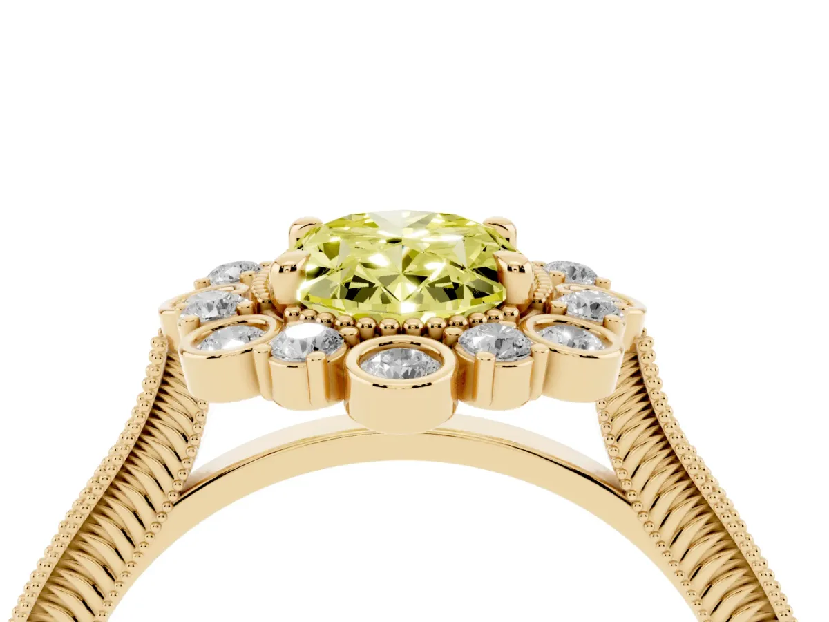 Fancy Yellow Oval Cut Halo Milgrain Pave Diamond Ring with Four-Prong Setting Yellow gold