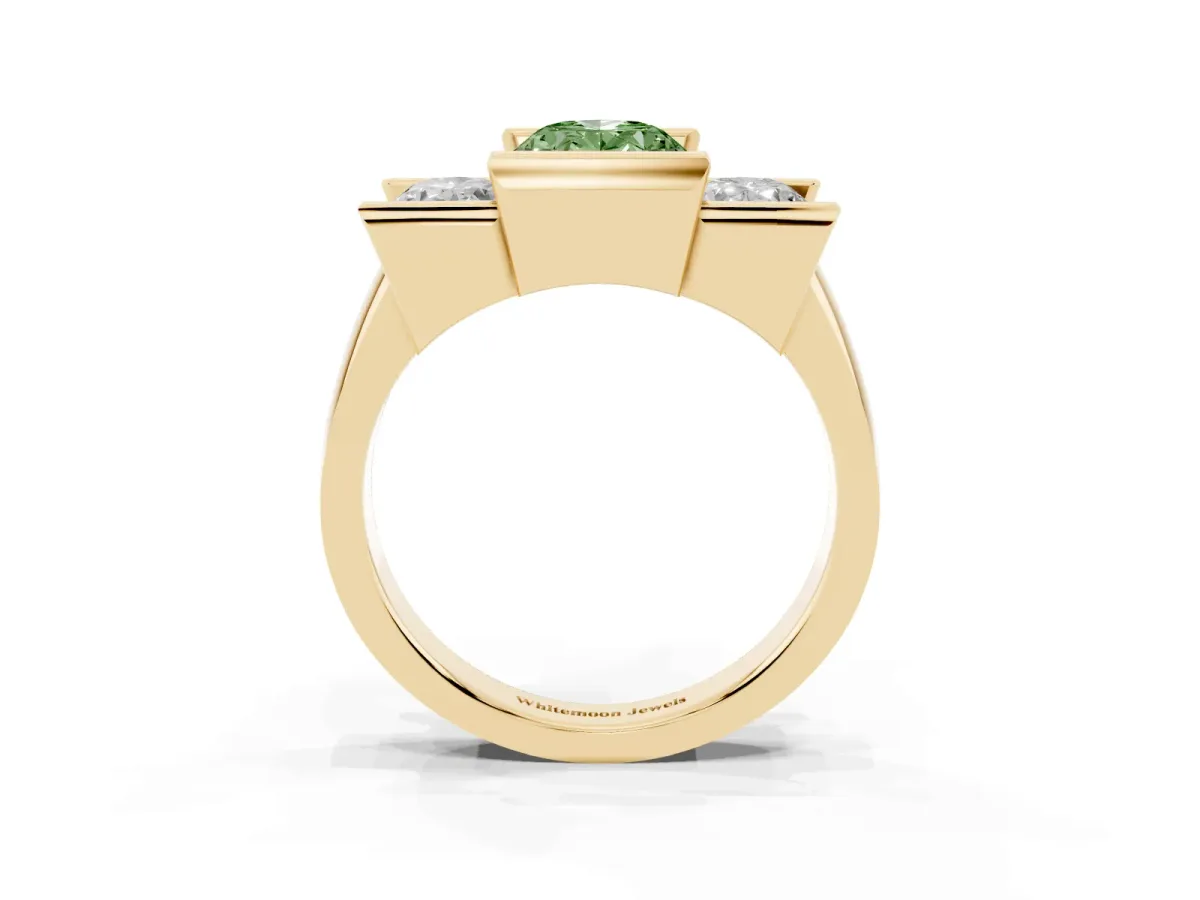 Fancy Green Three Stone Oval Cut Cut Channel Set Diamond Ring Yellow gold