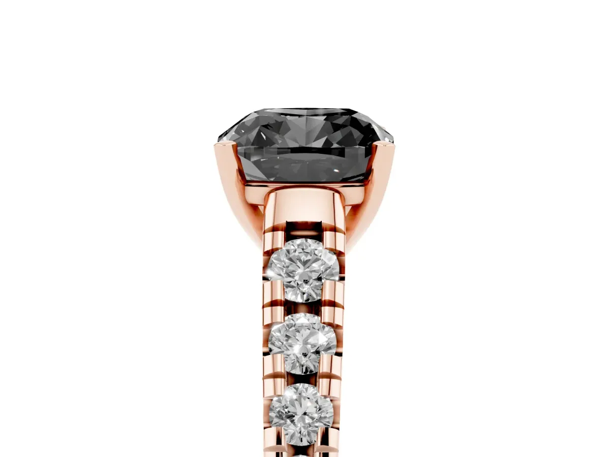 Fancy Black Cushion Cut Diamond Cathedral Solitaire Ring with Round Pavé Band Rose gold
