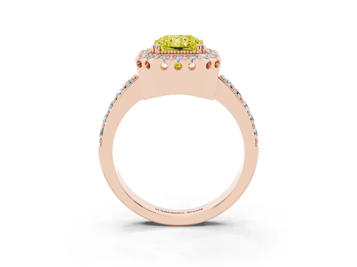 Fancy Yellow Radiant Cut Diamond Halo Ring with Pavé Band and Prong Setting Rose gold