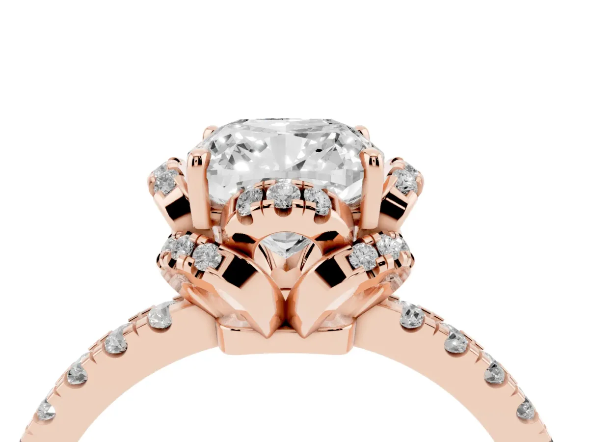 Cushion Cut Halo Diamond Pave Band Ring with Four-Prong Setting Rose gold